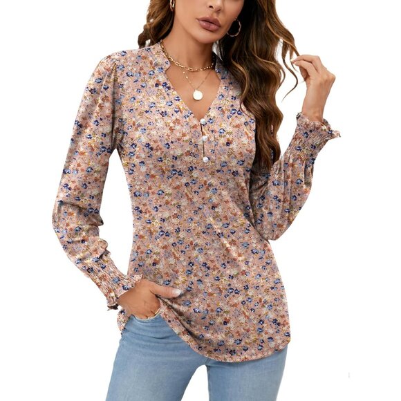 Tops - Women’s V Neck Puff Long Sleeve Blouse Casual Dressy Fall Top Large